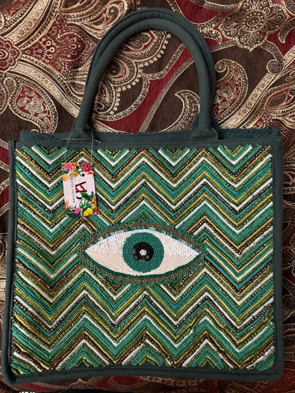 America & Beyond Green Beaded Evil Eye Tote Bag
